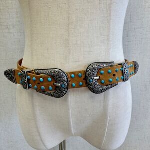 Western Cowgirl Double Buckle Turquoise Studded Tan Faux Suede Belt size MML
